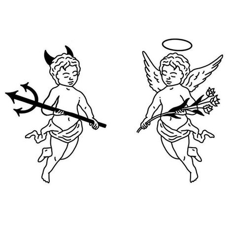 Tattoo Ideas Female Abdomen, Small Angels Tattoos, Cherub Tattoo Men, Cupid Tattoo Men, Angel Stomach Tattoo, Devil Cherub Tattoo, Gangsta Angel Tattoo, Angels And Demons Tattoo, Demon Tattoo Ideas