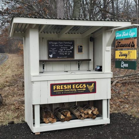 Firewood Stand, Farmers Market Stand, Farmers Market Display, Vegetable Stand, Eggs For Sale, Egg Stand, Homestead Farm, Chicken Health, Farm Store