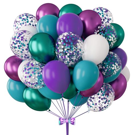 PRICES MAY VARY. ✨SET INCLUDES:87Pcs Metallic Purple Green Balloons Set include:12 inch metallic grreen balloon (10 Pcs)，12 inch metallic purple balloon (10 Pcs)，12 inch confetti balloon 10 pcs，12 inch white balloons (18 Pcs)，12 inch purpel balloons (18 Pcs)，12 inch teal blue balloons (18 Pcs)，chain 1 Pcs，dispensing 1 Pcs，ribbon 1 Pcs. ✨PREMIUM MATERIAL:Colored balloons are made of premium latex material,which is durable,uniform and bright in color,easy to inflate,thick and durable,and not easy Mermaid Theme Birthday Party Decorations, Mermaid Balloon Arch, Teal Party Decorations, Birthday Decorations Unicorn, Teal Balloons, Teal Party, Mermaid Birthday Decorations, Mermaid Balloons, Purple Confetti