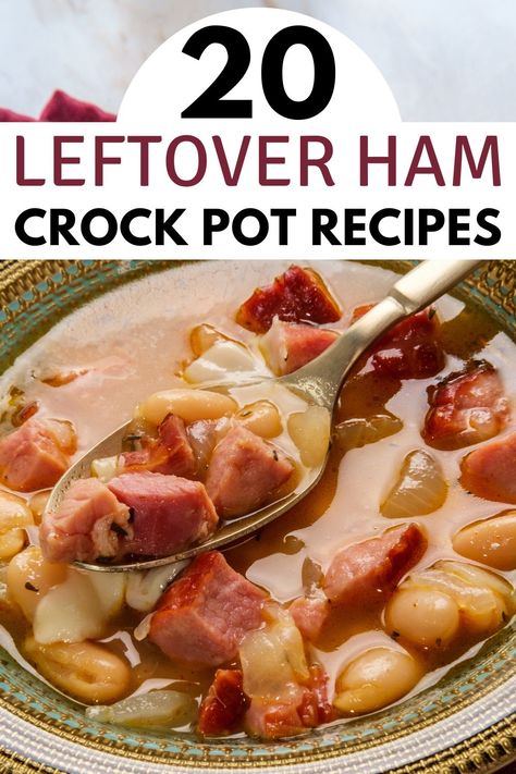 Give your leftover ham a delicious makeover with our roundup of Slow Cooker Leftover Ham Recipes. Easy crock pot leftover ham recipes the whole family will enjoy! Leftover Ham Soup Crockpot, Leftover Ham Slow Cooker Recipes, Ham Leftovers Crockpot Recipes, How To Use Up Leftover Ham, Recipes With Spiral Ham Leftovers, Leftover Spiral Ham Recipes Soups, Leftover Ham Bone Recipes Crockpot, Crock Pot Recipes With Ham, Crockpot Ham Casserole Recipes