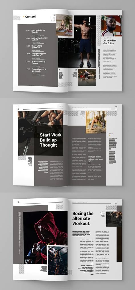 Workout Magazine Template. 15 custom pages design. A4 & US letter format paper size #magazinedesign #magazine #magazines #magazinetemplate Yearbook Format Ideas, Magazine Page Design, Book Layout Design, Design De Configuration, Pr Design, Overlapping Design, Magazine Format, What Is Fashion Designing, Fashion Editorial Layout