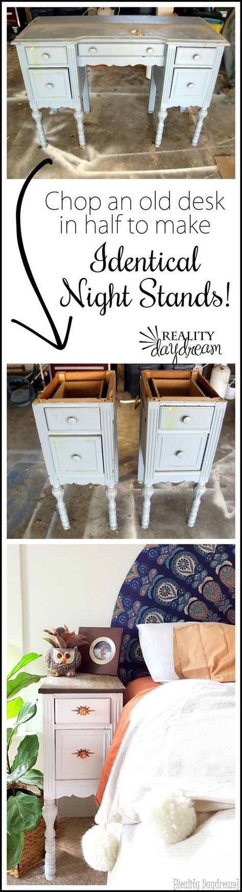 Take apart an old desk to make two unique and IDENTICAL night stands! Finally a bedside table that's the perfect height! {Reality Daydream} Diy Furniture Makeover Ideas, Upcycled Furniture Diy, Old Desks, Casa Vintage, Night Stands, Refurbished Furniture, Sewing Table, Ikea Furniture, Couch Furniture