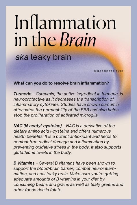 Do you ever experience brain fog where you can’t think clearly and you just can’t put two and two together? You may have leaky brain. Like leaky gut, leaky brain is where gut-induced inflammation causes the blood-brain barrier to become “leaky,” allowing infectious agents and pathogens to enter the brain. This induces an immune response which causes brain inflammation and leads to brain fog, memory problems and cognitive decline associated with many neuro-degenerative diseases. Supplements For Brain Fog, Brain Fog Remedies, Brain Fog Causes, Holistic Womens Health, Brain Inflammation, Health Reset, Brain Issues, Inflammation Recipes, Cognitive Decline