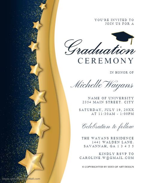 Blue & Gold Stars Glitter Graduation Ceremony Celebration Invitation, blue gold graduate invitation party, graduation flyer templates, digital download, instant download, editable templates, graduation event flyers, graduation formal elegant classy invitations, grad party invitation flyer. Graduation Ceremony Invitation, Grad Party Invitations, Classy Invitations, Investiture Ceremony, Graduation Dinner, Stars Glitter, Ceremony Invitation, Blue Graduation, Grad Invitations