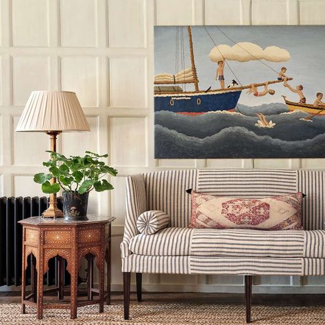 o-Hover-Over-Image-for-Olive-Sacking-(Indigo) Guy Goodfellow, Striped Sofa, Antique Sofa, Upholstered Sofa, Living Room Sofa, Interior Inspiration, Slipcovers, Room Inspiration, Instagram A