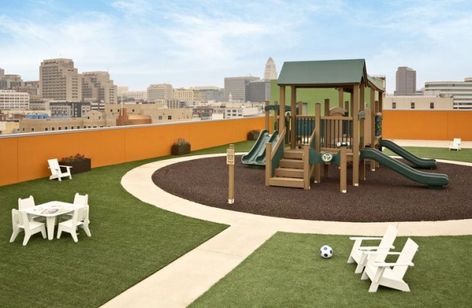 A Vision - Rooftop Playgrounds on Pinterest | Playground Sustainable Design and Green Building #rooftopgarden #rooftop #garden #building Rooftop Playground, Playground Garden, Rooftop Ideas, Play Cafe, Loft Office, Partition Screen, Rooftop Design, Living Roofs, Building Roof