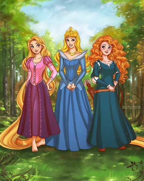 Rapunzel, Aurora, Merida by Daniel Kordek Disney Crossover, Prințese Disney, Disney Crossovers, Princesa Disney, Arte Disney, Pixar Movies, Disney Princess Art, Disney Life, Princess Art