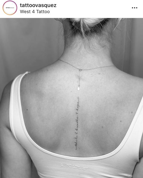 Fine Line Script Spine Tattoo, Back Writing Tattoo Women, Fine Back Tattoo Women, Word Spine Tattoos For Women, Delicate Spine Tattoos For Women, Fine Line Back Tattoo Women, Spine Tattoos For Women Quotes, Fineline Spine Tattoo, Above Elbow Tattoos For Women