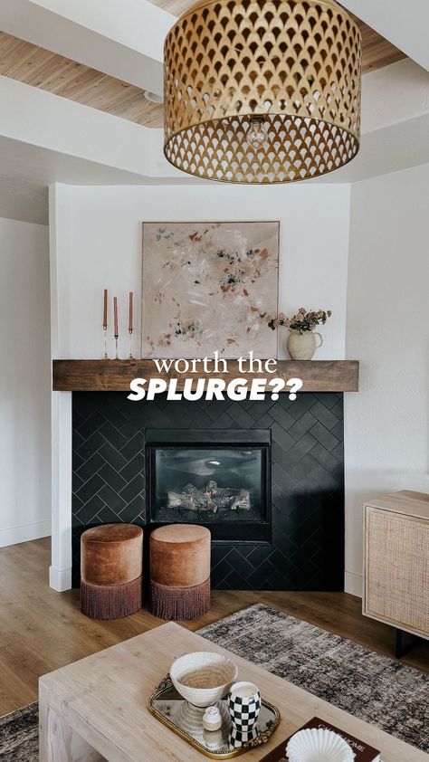 Matte black herringbone fireplace of my DREAMS! Want to recreate the look? Here are the tile deets from @emsertile 👇🏼👇🏼👇🏼 Our exact tile… | Instagram Herringbone Hearth Fireplace, Grey Herringbone Fireplace, Black Herringbone Fireplace Surround, Black Herringbone Tile Fireplace, Black Herringbone Fireplace, Herringbone Tile Fireplace, Herringbone Fireplace, Black Herringbone Tile, Fun Tile