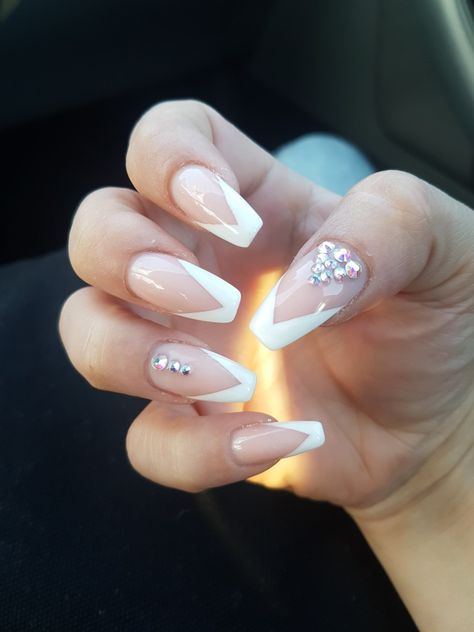 Triangle French Tip Nails With Rhinestones, Triangle Tip Nails, Triangle French Tip Nails, White Tip Nails, Nail Design Video, French Tip Acrylic Nails, Ombre Nail Designs, Coffin Shape Nails, Nails Only