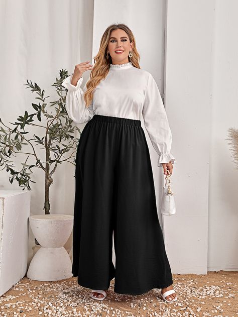 Black Casual   Polyester Plain Wide Leg Embellished Non-Stretch Spring/Summer/Fall Plus Size Bottoms Corporate Attire Plus Size, Plus Size Black Pants Outfit, Cute Business Casual Outfits Plus Size, Corporate Attire Women Plus Size, Plus Size Fall Fashion For Women, Plus Size Dressy Outfits, Plus Size Pants Outfits Dressy, Diana Dares, Wide Leg Jeans Plus Size