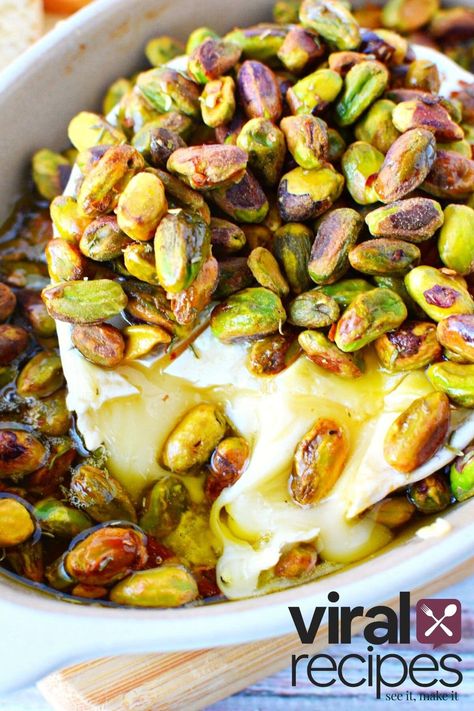 TikTok Baked Brie with Honey & Pistachios - SO GOOD! | Salty Side Dish Brie Toppings, Baked Brie With Honey, Brie With Honey, Honey Brie, Salty Side Dish, Brie Appetizer, Enchilada Ingredients, Fruit Dips Recipes, Brie Recipes