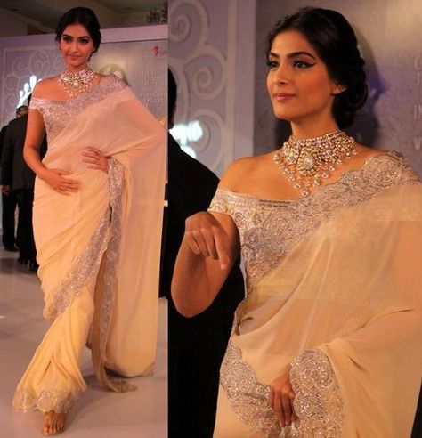 Sonam Kapoor in Suneet Verma saree wearing off shoulder blouse Off Shoulder Saree Blouse, Saree Jacket Designs, Indian Reception, Saree Jackets, Latest Silk Sarees, Blouse Designs High Neck, Simple Saree Designs, Saree Wearing, Saree Blouse Designs Latest