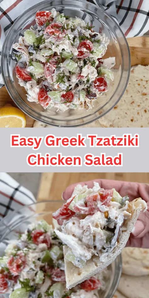 Easy Greek Tzatziki Chicken Salad - All Recipe Secret Greek Tzatziki Chicken Salad, Greek Chicken Salad With Tzatziki, Taziki Chicken Recipes, Chicken Tzatziki Recipes, Chicken Salad With Greek Yogurt, Tzatziki Chicken Salad, Greek Salad With Chicken, Tzatziki Dressing, Chicken Tzatziki