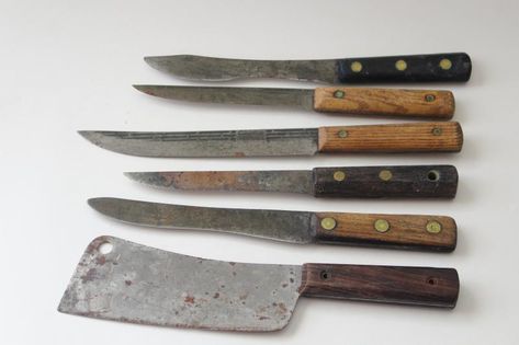 antique vintage carbon steel kitchen kitchen knives, butcher knife lot Historical Kitchen, Butcher Knife, Old Kitchen, Steel Kitchen, Kitchen Knife, Close Up Photos, Kitchen Knives, Antique Vintage, Carbon Steel