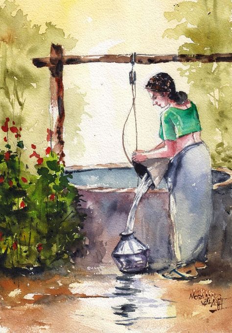 Watercolor Painting Composition, Indian Composition Painting, Human Composition Drawing Watercolor, Life Style For Environment Drawing, Subject Drawing Watercolor Painting, Human Composition Painting Watercolour, Simple Watercolor Paintings Nature, Potrait Paintings Canvas, Easy Composition Painting