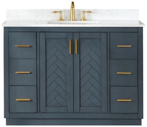 PRICES MAY VARY. Sturdy structure crafted of solid wood and plywood Cabinet available in Classic Blue, Brown Oak, and Black Oak finishes Elegant composite Grain White stone countertop with backsplash Rectangular, undermount ceramic basin with overflow included Countertop comes with pre-drilled, 8 in. widespread faucet hole Perfect for the contemporary bathroom, our Gazsi Vanity offers the smart style you want with the everyday functionality you need. Architectural details include textured door p 31 Inch Bathroom Vanity, Bathroom Design With Blue Vanity, Slate Blue Bathroom Cabinets, Dressers As Bathroom Vanities, 48" Bathroom Vanity, 40” Bathroom Vanity, Textured Cabinet Doors, Bathroom Vanity 36”, Moody Bathroom Vanity