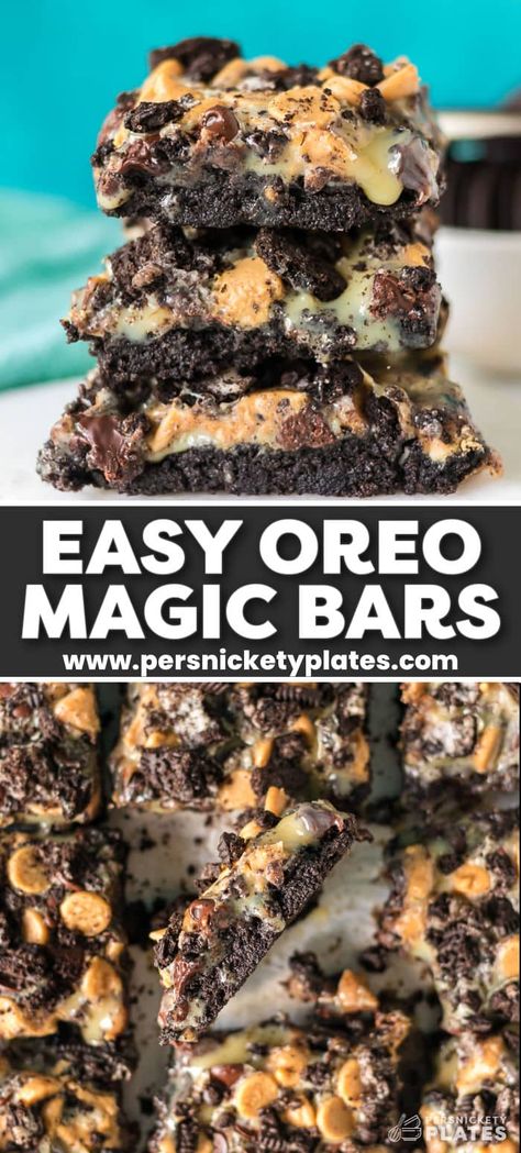 Oreo magic bars are crave-worthy and irresistible dessert bars that are made with an Oreo cookie crust, melty chocolate and peanut butter chips then topped with Oreo cookie pieces. It's all held together with sweetened condensed milk that makes these bars ooey, gooey, and always a hit. They are easy to make with just 5 ingredients and it's all baked in under 30 minutes! | www.persnicketyplates.com Oreo Cookie Bar, Magic Bars Recipe, Magic Cookie Bar Recipe, Oreo Bars, Oreo Desserts, Magic Cookie Bars, Layer Bars, Oreo Cookie Crust, Magic Bars