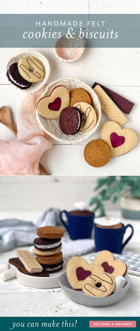 Have little ones who love to bake with you? These felt cookies and biscuits (plus some felt cocoa!) are the perfect addition to their play bakery. Bakery Crafts For Preschool, Felt Cookies Pattern, Felt Bakery Food Free Pattern, Felt Good Pattern, Felt Cookies Diy, Diy Felt Food Patterns Free, Free Felt Food Patterns Printables, Easy Felt Food, Felt Food Patterns Free Templates