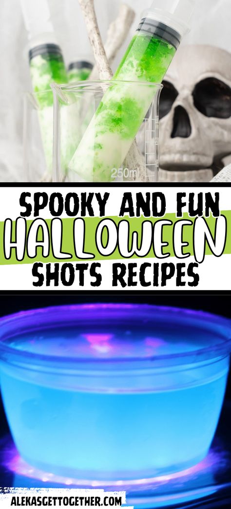 Creative Alcoholic Shots, Halloween Themed Shots Alcohol, Halloween Drinks Shots, Shots For Halloween Party, Halloween Shots Recipes Easy, Black Light Jello Shots, Halloween Shot Recipes Alcoholic, Delicious Shots Alcohol, Spooky Halloween Shots