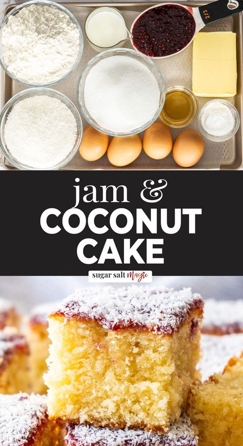 This easy jam and coconut sponge is a soft and fluffy coconut sponge cake topped with jam and coconut. It's a simple classic British dessert. The sponge itself is soft, fluffy, and buttery — the perfect match for the sweet jam on top! It's quite simple, but don't let that simplicity fool you. It's absolutely delicious and sure to satisfy any sweet tooth. This recipe for cake with jam and coconut was inspired by a classic British school dinner cake. Cake With Jam, Coconut Sponge Cake, Coconut Jam, Easy Jam, School Dinner, British Desserts, School Recipes, British School, Fabulous Cakes