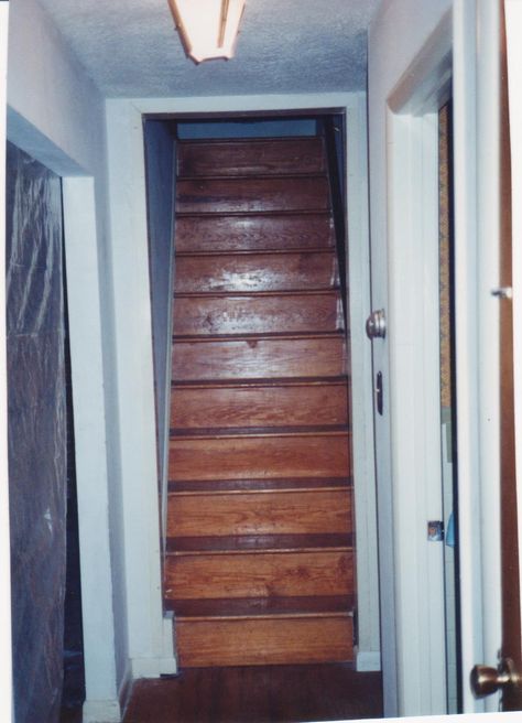 Converting closed stairs to open stairs - Home Improvement Stack Exchange Closed To Open Staircase Remodel, Converting Closed Stairs To Open, Closed Off Staircase Ideas, Reconfigure Staircase, Stairs That Turn A Corner, Front Door Opens To Stairs, Closed Stairway Ideas, Opening A Staircase, Narrow Stairwell Ideas