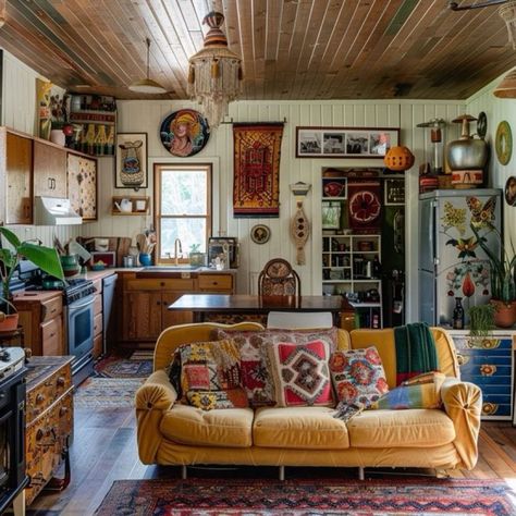 Cozy Maximalist House, Kitchenette In Living Room, Art Deco Boho Living Room, Maximalist Small Living Room, Global Eclectic Decor Inspiration, Boho Country Living Room, Small Living Room Aesthetic, Cozy Boho Kitchen, Country Boho Home