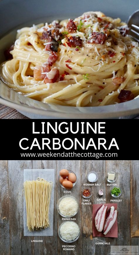 Linguine Carbonara - Weekend at the Cottage Linguine Sauce Recipes, Carbonara Pasta For Two, Linguine Carbonara Recipes, Sauce For Linguine Noodles, Pasta Recipes Carbonara, Pork Parmesan, Italian Recipes For Dinner, Italian Carbonara Recipe, Linguine Carbonara