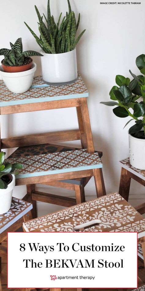 These IKEA Hacks Will Inspire You to Re-Imagine Your Step Stool Ikea Wooden Stool, Bekvam Stool, Ikea Step Stool, Upcycled Furniture Before And After, Ikea Bekvam, Ikea Stool, Stool Makeover, Wood Step Stool, Ikea Wood