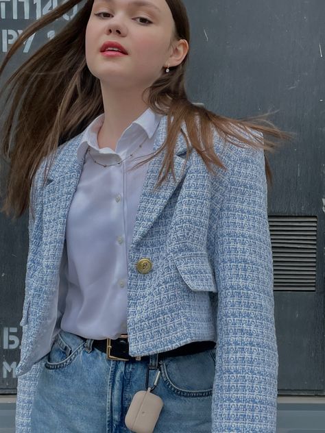 Crop Tweed Blazer Outfit, Tweed Cropped Blazer Outfit, Crop Tweed Jacket Outfit, Blue Tweed Skirt Outfit, Blue Tweed Blazer Outfit, Blue Tweed Jacket Outfit, Tweed Coat Outfit, Tweed Skirt Outfit, Tweed Blazer Outfit