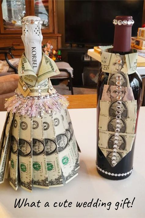 Wine Bottle Dressing, Wine Themed Gifts, Bottle Dressing, Homemade Gift Baskets, Wedding Wine Gift, Wedding Gift Money, Wedding Wine Bottles, Wedding Gifts For Bride And Groom, Money Bouquet