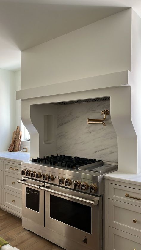 Alcove Stove, Hood Alcove, Rounded Island Kitchen, Stove Alcove, Stone Range Hood, Alair Homes, Heritage Kitchen, Kitchen Hood Design, Lauren Miller