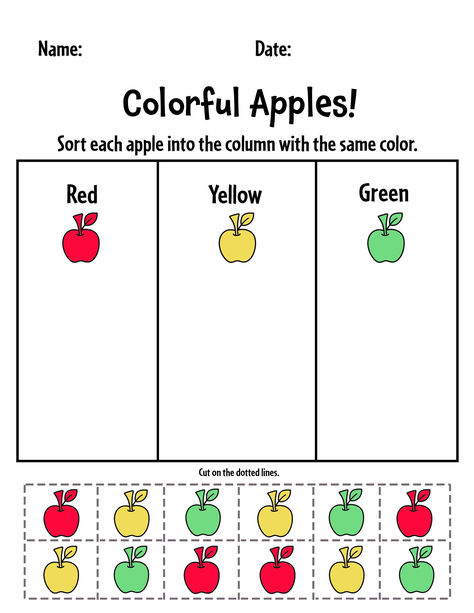 Print your Free Apple Color Sorting Sheet!  Apple Theme | Apple Activities for Preschool | Apple Printables for Preschool Learning About Fall Preschool, Apples Math Activities Preschool, Free Preschool Apple Printables, Apple Curriculum For Toddlers, Apples Up On Top Activities Preschool, Preschool Activities Fall Theme, Apple Math For Toddlers, Apple Preschool Lesson Plans, Learning About Apples Preschool