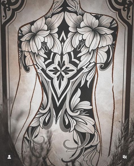 Back Tattoo Women Blackwork, Woman Full Back Tattoo Ideas, Back Piece Women Tattoo, Backtattoos Back Women Flowers, Japanese Traditional Back Piece, Flowy Back Tattoo, Entire Back Tattoo, Back Tattoo Women Ornamental, Ornamental Bodysuit Tattoo