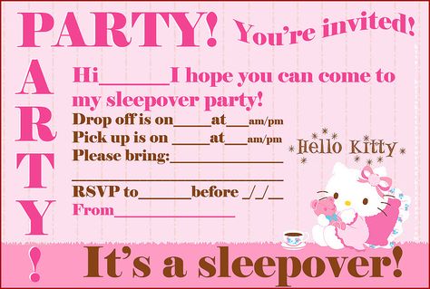 HELLO KITTY COLORING: FREE HELLO KITTY PRINTABLE SLEEPOVER PARTY INVITES Hello Kitty Sleepover, Hello Kitty Printable, Hello Kitty Invitation Card, Hello Kitty Birthday Invitations, Cat Birthday Party Invitations, Hello Kitty Invitations, Slumber Party Invitations, Kitty Birthday Party, Sleepover Invitations