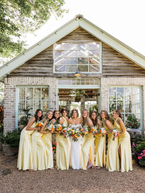 Featuring Athena and Skye in Yellow Satin Yellow Wedding Party Attire, Light Yellow Themed Wedding, Summer Yellow Wedding, Powder Blue And Yellow Wedding, Pastel Yellow Groomsmen, Yellow Wedding Theme Bridesmaid Dress, Yellow Spring Wedding Theme, Yellow Accent Wedding, Wedding With Yellow Accents