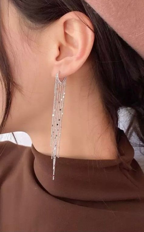 These long drop tassel hoop earrings are beautiful and elegant.  Can be purchased in silver or gold. Attached to a huggies hoop earring is 7 sparkling strand tassels. Add glamour to any outfit. Feel good jewellery, feel good gifts. Treat yourself or a loved one. Made from a very high quality zinc alloy which is silver or gold plated. Earring hoop diameter is 1.5cm and the earring length (longest tassel) is 9cm. Package is beautifully wrapped and presented in a fabric jewellery bag. An ElamorGB g Feel Better Gifts, Long Tassel Earrings, Heart Dangle Earrings, Jewellery Earrings, Long Drop Earrings, Birthday Jewelry Gift, Jewelry Wedding, Stylish Jewelry, Fashion Accessories Jewelry