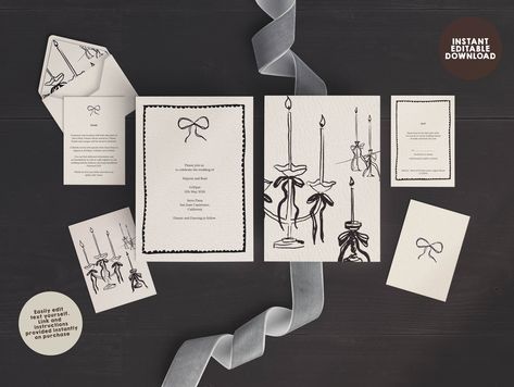 BOWIE FULL SET | Instant download bow theme wedding invitation | unique editable wedding invite | printable bow invite | hand sketched bow Bow Wedding Invitations, Wedding Invitation Unique, Bow Theme, Invitation Business, Ribbon Invitation, Invitation Unique, Classic Serif Fonts, Black And White Wedding Invitations, Custom Wedding Stationery