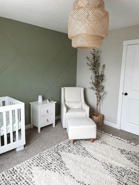 Olive And Cream Nursery, Boho Nursery Green Wall, Nursery Ideas Greenery, Gray White And Green Nursery, Green Nursery Gray Crib, White And Sage Green Nursery, Tan Accent Wall Nursery, Neutral Nursery With Green Accents, Neutral Nursery Sage Green