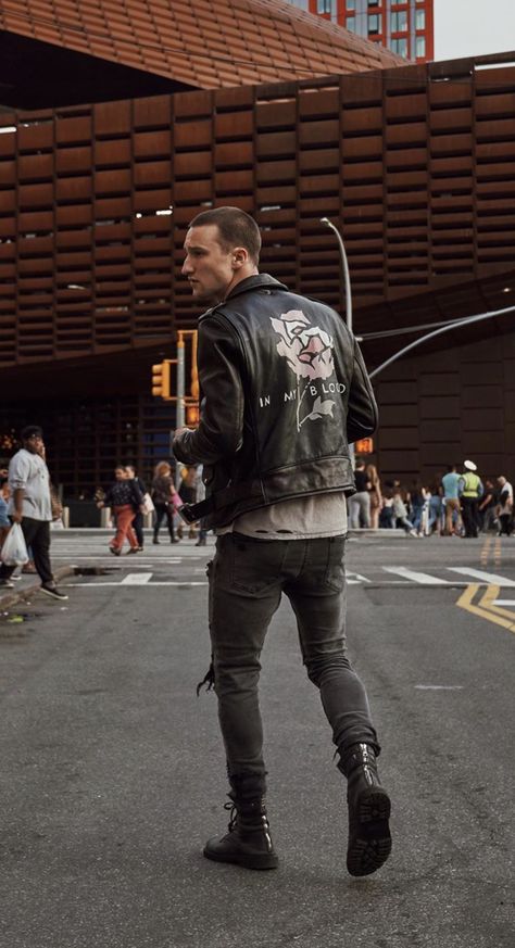 Leather Jacket And Boots Outfit Men, Men’s Biker Style, Rocker Chic Style Men, Beartooth Concert Outfit, Casual Metalhead Outfit Men, Modern Rockstar Outfit Men, Men Rock Style Outfit, Rocker Fashion Men, Bad Guy Style