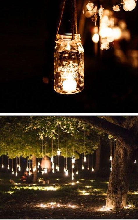 Mason Jar Fairy Lights, Wedding Centerpieces Mason Jars, Diy Outdoor Weddings, Diy Wedding On A Budget, Wedding Backyard Reception, Hanging Mason Jars, Wedding Reception Ideas, Wedding On A Budget, Wedding Decorations On A Budget