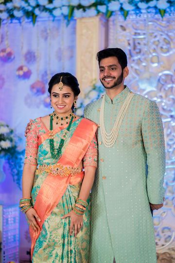 South Indian Engagement Outfit, Engagement Outfits Indian Couple, Couple Dress Matching Indian, Couple Dress Matching, Indian Engagement Outfit, Bridegroom Outfits, Engagement Couple Dress, Engagement Dress For Groom, Wedding Matching Outfits