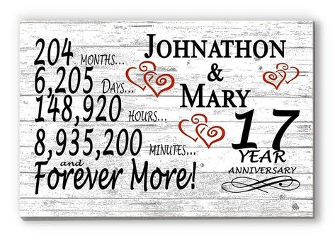 PRICES MAY VARY. PERSONALIZED! This Wonderful, Personalized 17th Anniversary Gift Is Handcrafted From Solid Wood. A ROMANTIC 17TH ANNIVERSARY GIFT! The Perfect Seventeen Year Anniversary Gift That Will Be Cherished As For Years To Come. MADE FROM SOLID WOOD - NO CHEAP VENEERS or PLYWOOD! This Broad Bay Solid Wood Plank Style 17 Year Anniversary Sign Is Customized For You Here In Virginia And Is The Perfect Size At 16.5 in x 10.5 in . This wonderful 17 Year Anniversary Gift is the perfect custom 17th Anniversary Gifts, 46th Wedding Anniversary, 47th Wedding Anniversary, 41st Wedding Anniversary, 30 Year Anniversary Gift, 49th Wedding Anniversary, 12 Year Anniversary Gifts, 15 Year Wedding Anniversary, 11 Year Anniversary Gift