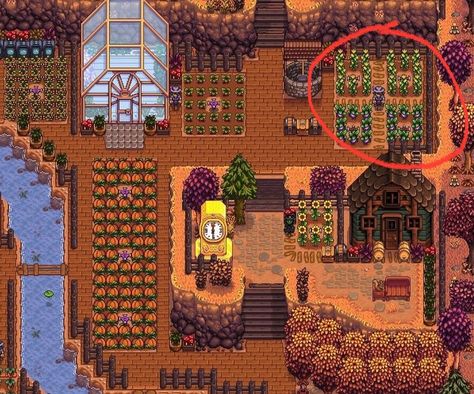 Sdv Hilltop Farm Layout, Hilltop Stardew Valley, Stardew Valley Farm Layout Hilltop Aesthetic, Hilltop Farm Stardew Valley Aesthetic, Stardew Valley Mountain Farm, Stardew Valley Hilltop Farm Design, Stardew Mountain Farm Layout, Sdv Hilltop Farm, Stardew Hilltop Farm Layout