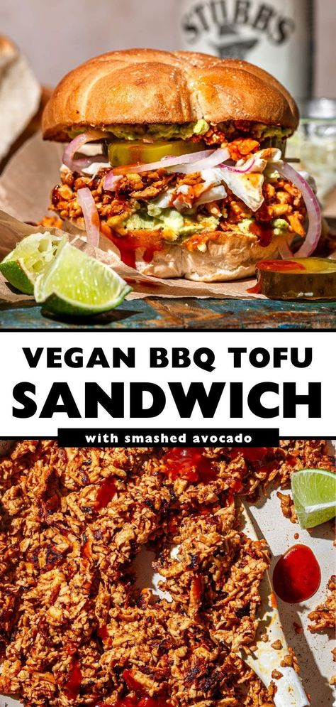 This easy BBQ tofu sandwich is piled high with pan-fried 'pulled' tofu coated in a sweet yet tangy BBQ sauce. Fully loaded with smashed avocado, creamy vegan coleslaw and homemade pickled onions, this tofu sandwich recipe is perfect for summer BBQs or holidays like Memorial Day and Fourth of July. This recipe is vegan, dairy free, vegetarian, plant based and high protein! Bbq Tofu Sandwich, Bbq Sandwich Recipe, Vegan Grill, Vegan Bbq Sauce, Grill Garden, Resep Sandwich, Vegan Sandwich Recipes, Grill Sandwich, Tofu Sandwich