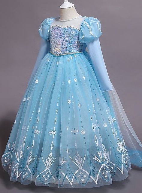 Elsa Dress For Kids, A Line Dress Long Sleeve, Frozen Birthday Dress, A Line Dress Long, Snowflake 3d, Princess Costume Kids, Cute Blue Dresses, Frozen Elsa Dress