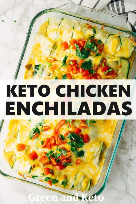 These keto green chile chicken enchiladas are creamy, cheesy, and so flavorful! They are made with made with zucchini instead of tortillas, so they are low-carb and gluten-free. Keto Green Chile Chicken, Keto Chicken Enchiladas, Keto Green, Green Chile Chicken Enchiladas, Keto Stuffed Peppers, Green Chile Chicken, Enchilada Recipe, Enchiladas Recipe, Enchilada Casserole