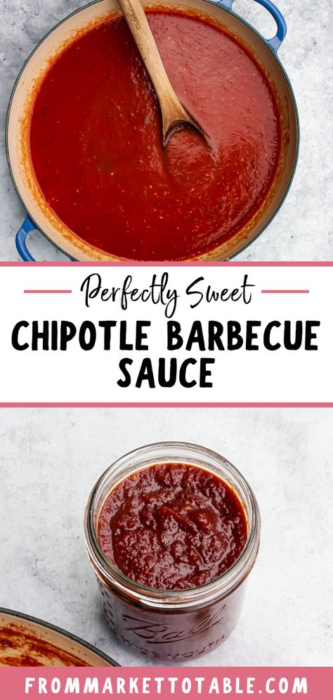 Chipotle Barbecue Sauce in a saute pan and in a mason jar Chipotle Bbq Sauce Recipe, Home Made Bbq Sauce, Spicy Sauce Recipe, Pulled Pork Sauce, Chipotle Bbq Sauce, Homemade Chipotle, Homemade Beer, Barbecue Sauce Recipes, Radish Recipes