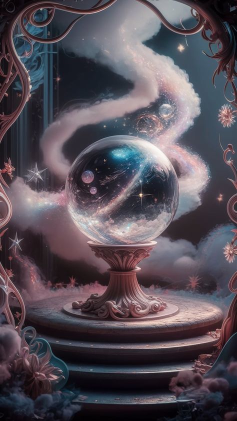 Explore a mesmerizing digital illustration of a crystal ball perched on a beautifully carved pedestal, surrounded by swirling mist and sparkling stars. This enchanting scene, framed by intricate Art Nouveau designs, features soft iridescent lighting that creates a dreamy atmosphere. Dive into the mystery and magic of unseen worlds reflected in the orb. Perfect for fans of fantasy art, digital illustrations, and celestial decor. Magic Ball Illustration, Iridescent Lighting, Crystal Ball Art, Magic Orb, Nouveau Illustration, Celestial Decor, Dreamy Atmosphere, Crystal Orb, Intricate Art