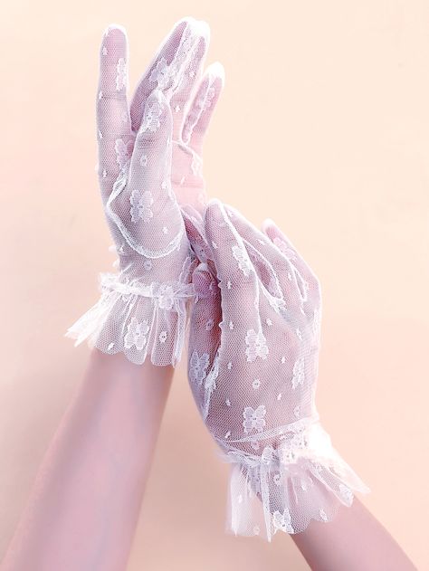 White  Collar  Lace Plain Full Finger Gloves Embellished   Weddings & Events Sylvia Core, Aesthetic Gloves, Flower Gloves, Cute Gloves, White Lace Gloves, Floral Gloves, Elegant Gloves, Spell Designs, Gloves Fashion